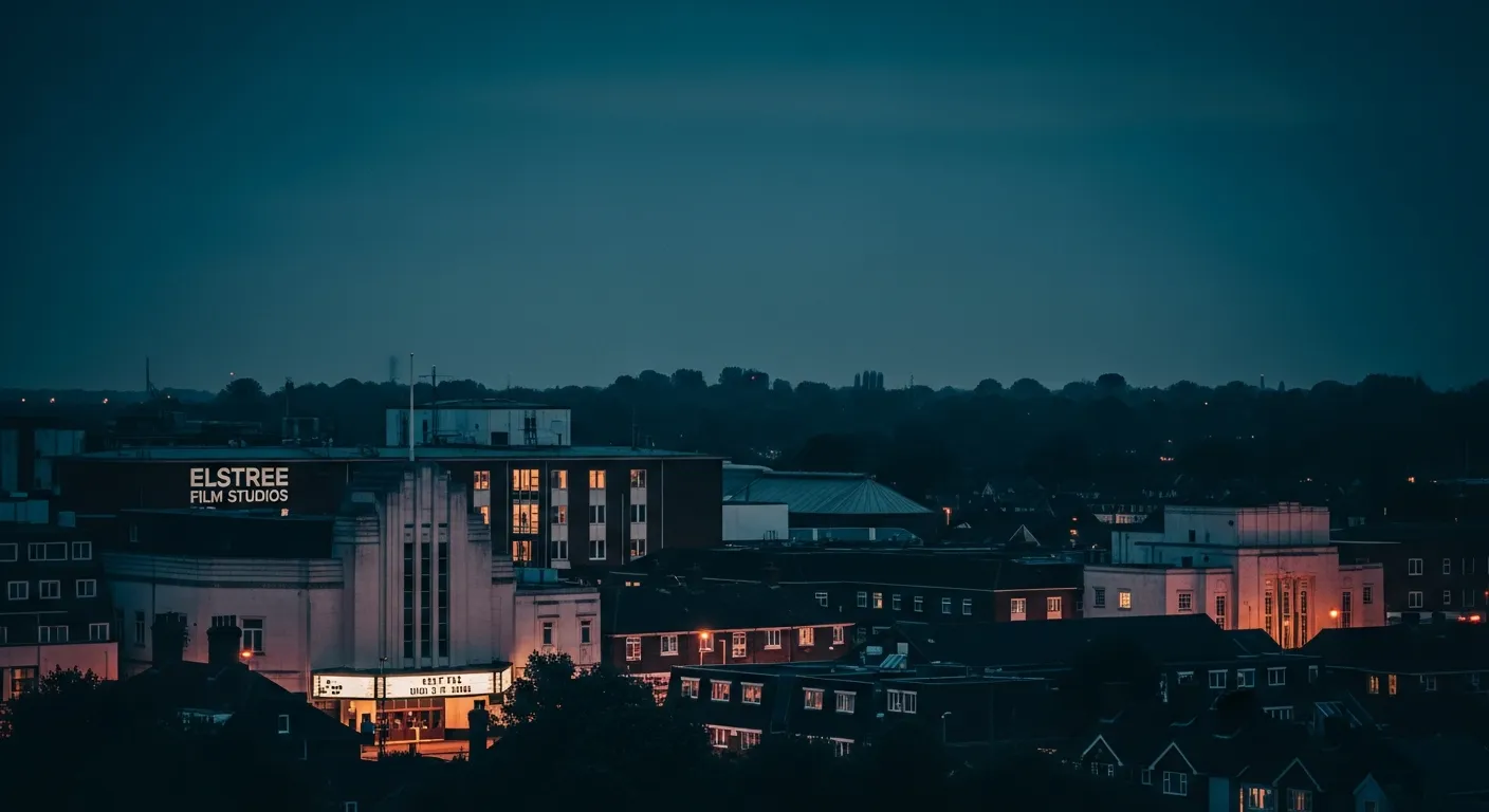 Borehamwood skyline at dusk with Elstree Film Studios and town centre rooftops in Hertfordshire