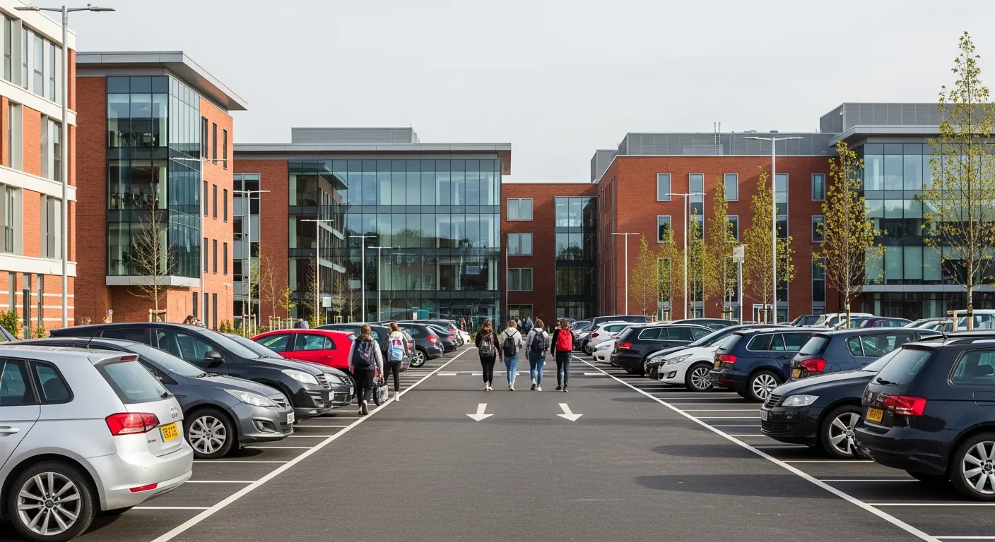 Students walking through a well-managed university campus car park